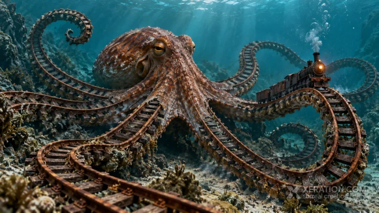 An octopus on a sandy seabed with tentacles turning into rusted iron train tracks, carrying a miniature steam train.