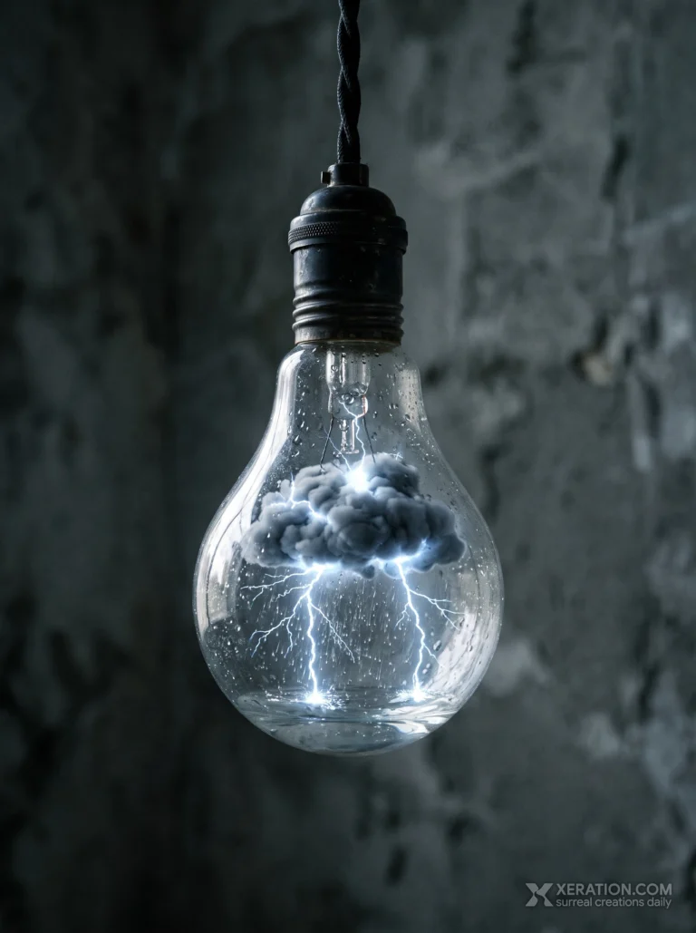 A vintage glass light bulb hanging by a cord against concrete, containing a dark raincloud with blue lightning flashes.