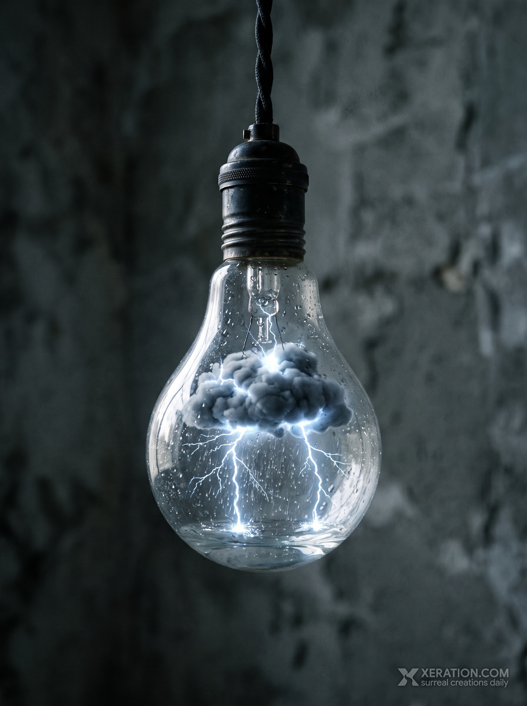 A vintage glass light bulb hanging by a cord against concrete, containing a dark raincloud with blue lightning flashes.
