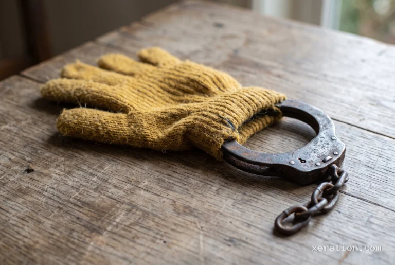 Mustard-yellow knit wool glove whose wrist cuff transitions into a rusted iron handcuff on a wooden table.