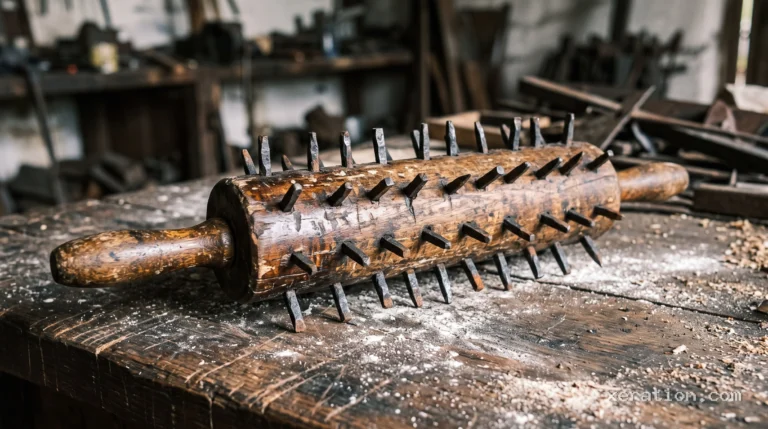 Wooden kitchen rolling pin fitted with sharp forged iron spikes, resting on a flour-dusted workbench.