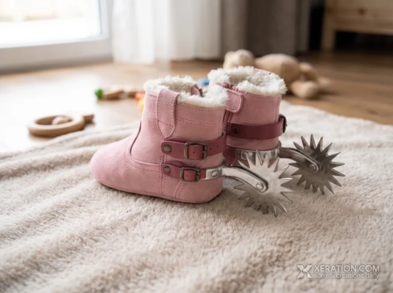 Pink suede baby booties with sharp metal riding spurs on the heels rest on a beige plush nursery rug.