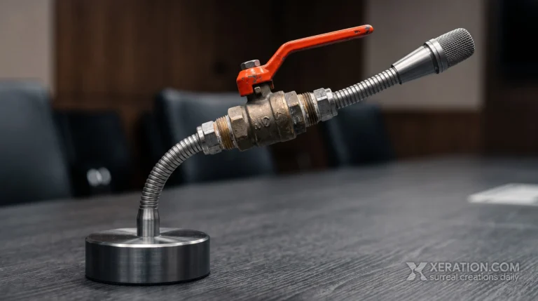Brass ball valve with a red lever spliced into the flexible neck of a conference microphone on a dark table.