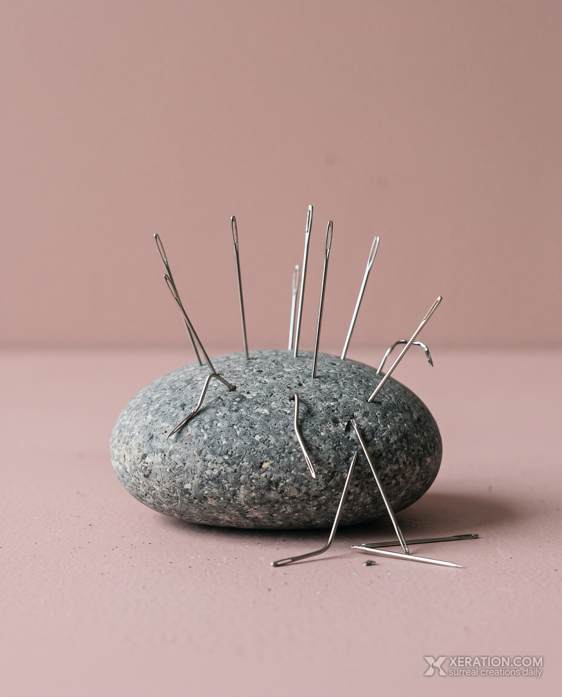 A rounded grey granite stone acting as a pincushion with bent, broken sewing needles on a dusty rose table.