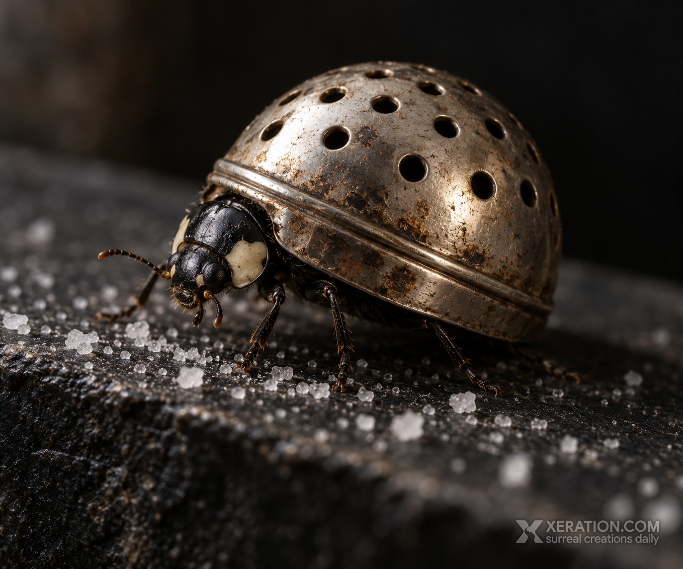 A ladybug with a perforated tarnished metal salt shaker lid as its shell rests on dark rock amid salt grains.