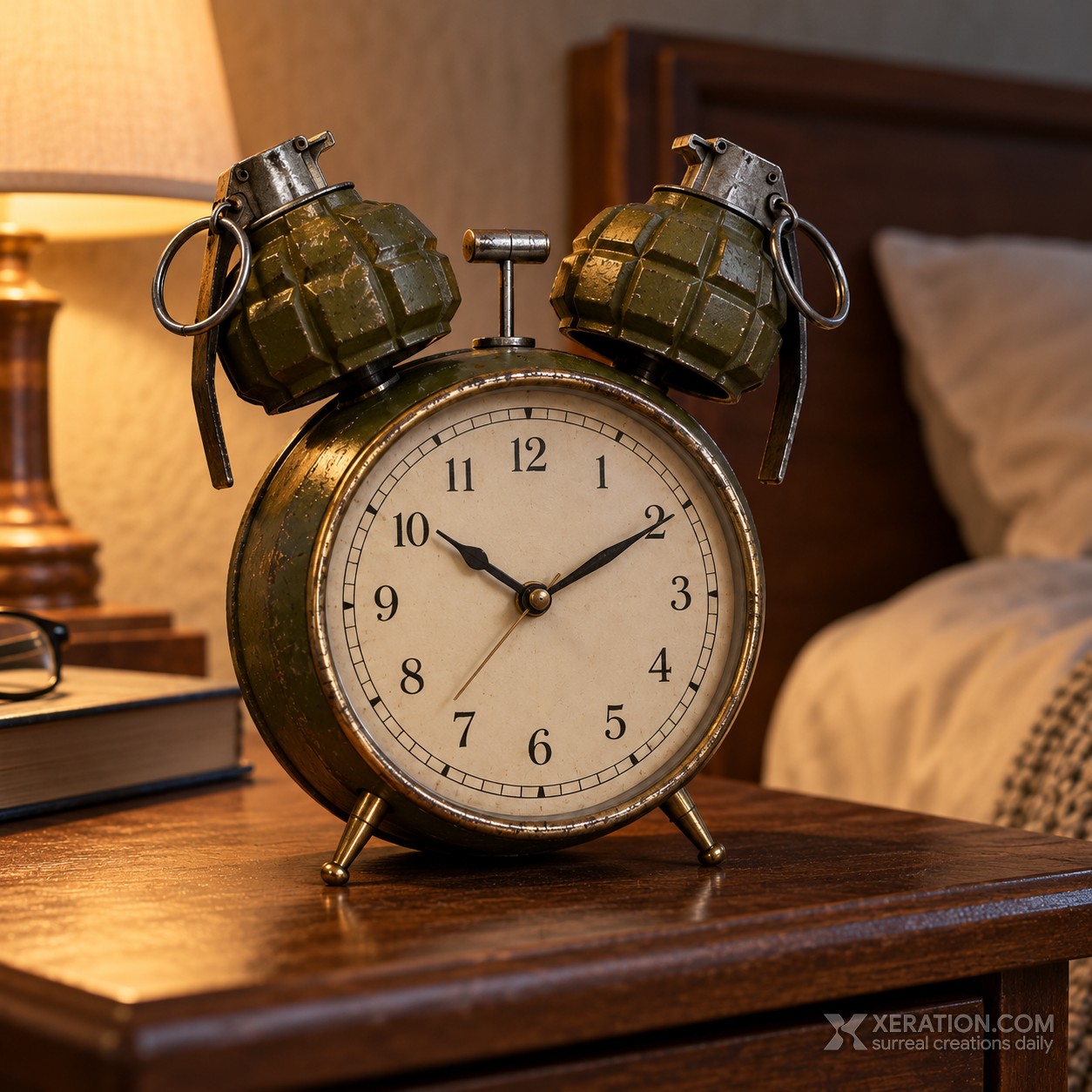 Olive-green vintage alarm clock with two fragmentation grenades instead of bells, resting on a wooden nightstand.