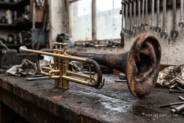 Polished brass trumpet with a flared bell that turns into a rusty soot-stained cast-iron exhaust pipe on a workbench.