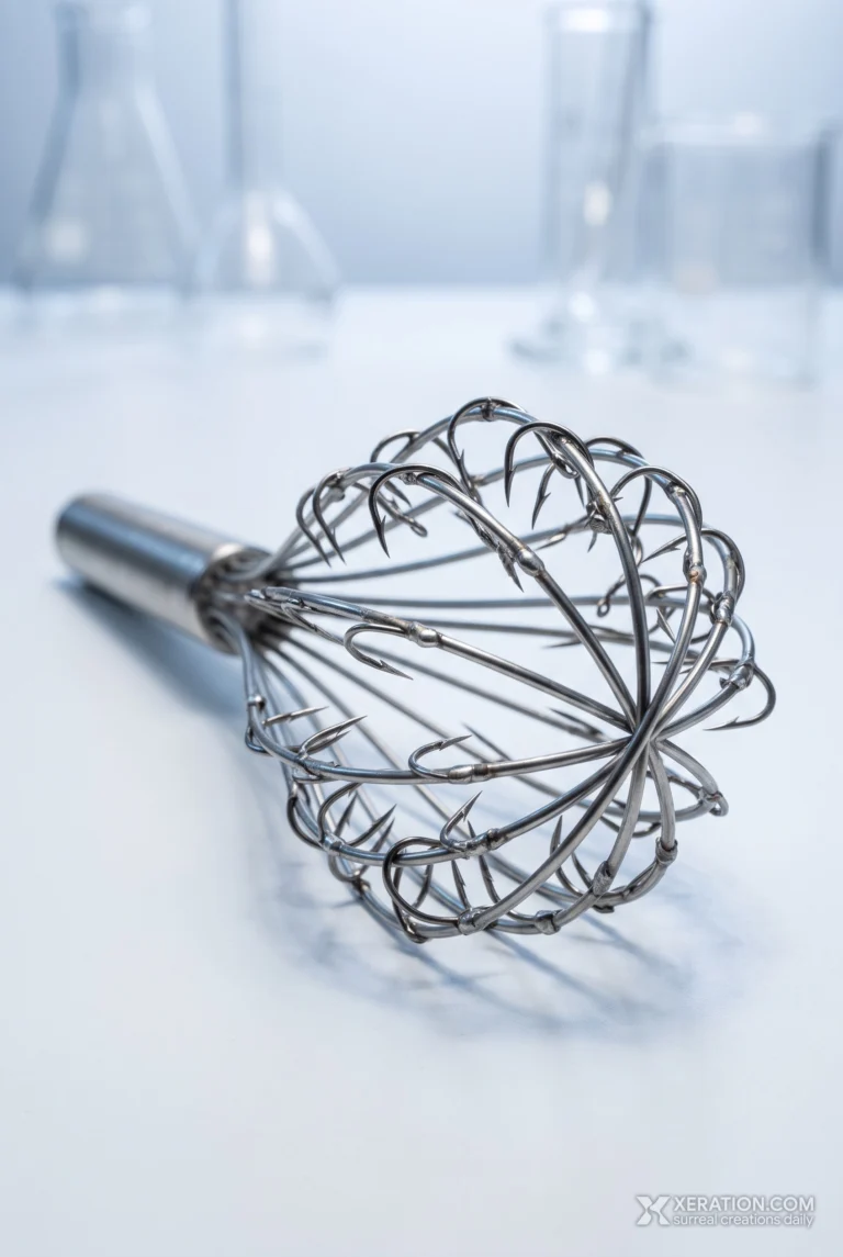 Stainless-steel balloon whisk lined with sharp barbed fishing hooks on a sterile white lab bench.
