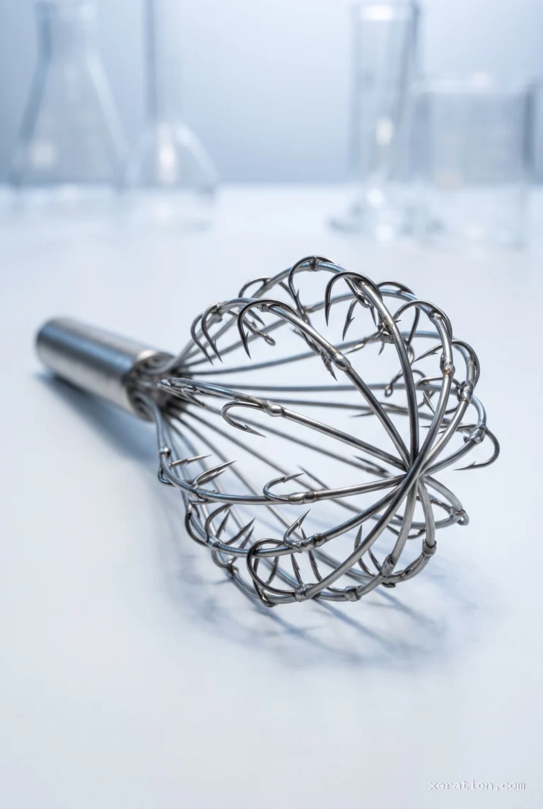 Stainless-steel balloon whisk lined with sharp barbed fishing hooks on a sterile white lab bench.