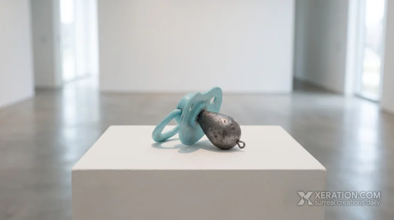 A light blue baby pacifier with a pitted lead fishing sinker replacing the teat, resting on a white gallery pedestal.
