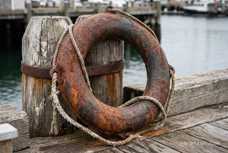 A heavy cast-iron lifebuoy with pitted rust and hemp rope propped against a wooden pier bollard.